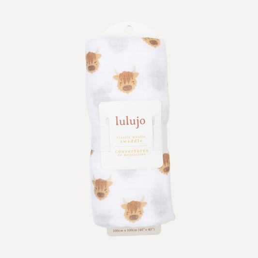 Lulujo Cotton Swaddle – Scottish Highland Cows – 47×47″